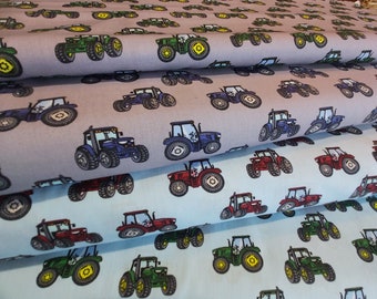 Cotton fabric poplin with tractors in green, red and blue, with 2 different background colors, 0.5mtr