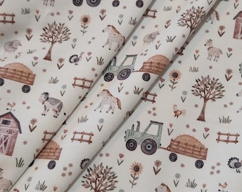 Baumwoll Jersey Bauernhof, Traktor mit Regenbogen - für Kinderkleidung, mit passenden Kombistoffen, Bündchen - 0,5mtr