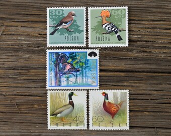 Vintage Polish Bird Stamps – 1960s Unused Collectible Ephemera, Set of 5