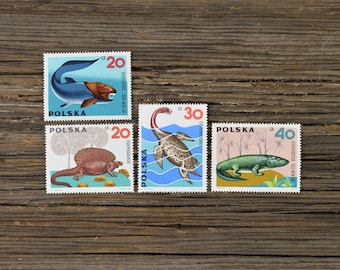 Vintage Polish Prehistoric Animal Stamps – 1965 Unused Collectible Stamps (Set of 4)
