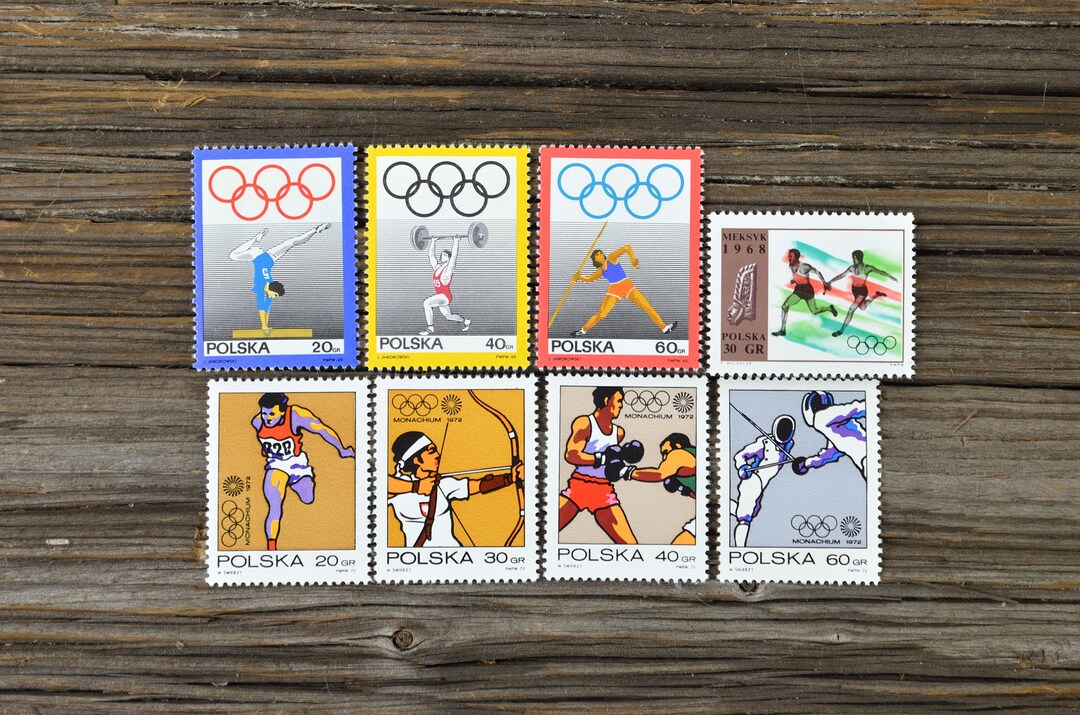 ポーランド 1968年 オリンピック 使用済切手 オリンピック切手8枚 / 未使用のポーランドのヴィンテージ切手 / 1960