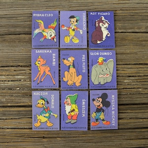 Set of 9 safety matchbox labels, vintage Polish labels, series from 1962, collectible, Polish ephemera, scrapbooking; Disney characters