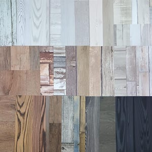 May include: A collage of various wood plank textures and colors. The top row features light, neutral tones, while the middle row showcases warmer browns and rustic designs. The bottom row displays darker, more saturated wood grains, offering a range of design options.