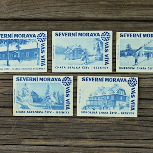 Vintage Czechoslovakian Matchbox Labels – Winter Mountain Series, 1960s (Set of 5)