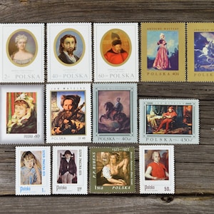 13 francobolli postali di dipinti/ Mix di francobolli polacchi d'epoca NON UTILIZZATI/dagli anni '60/da collezione, ephemera, scrapbooking, diario spazzatura, creazione di carte