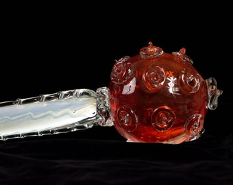 Unique Bulava, Ukrainian traditional spiked mace, handcrafted from hand blown glass, Collectible glass ornament in red and white, Glass Art
