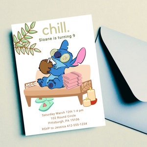 Stitch, spa, relax, verjaardagsuitnodiging, lilo, digitale download, blauw, eenvoudig, bewerkbaar