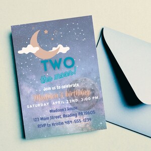 Moon, space, two the moon, birthday invitation, stars, digital download, toddler, simple, editable