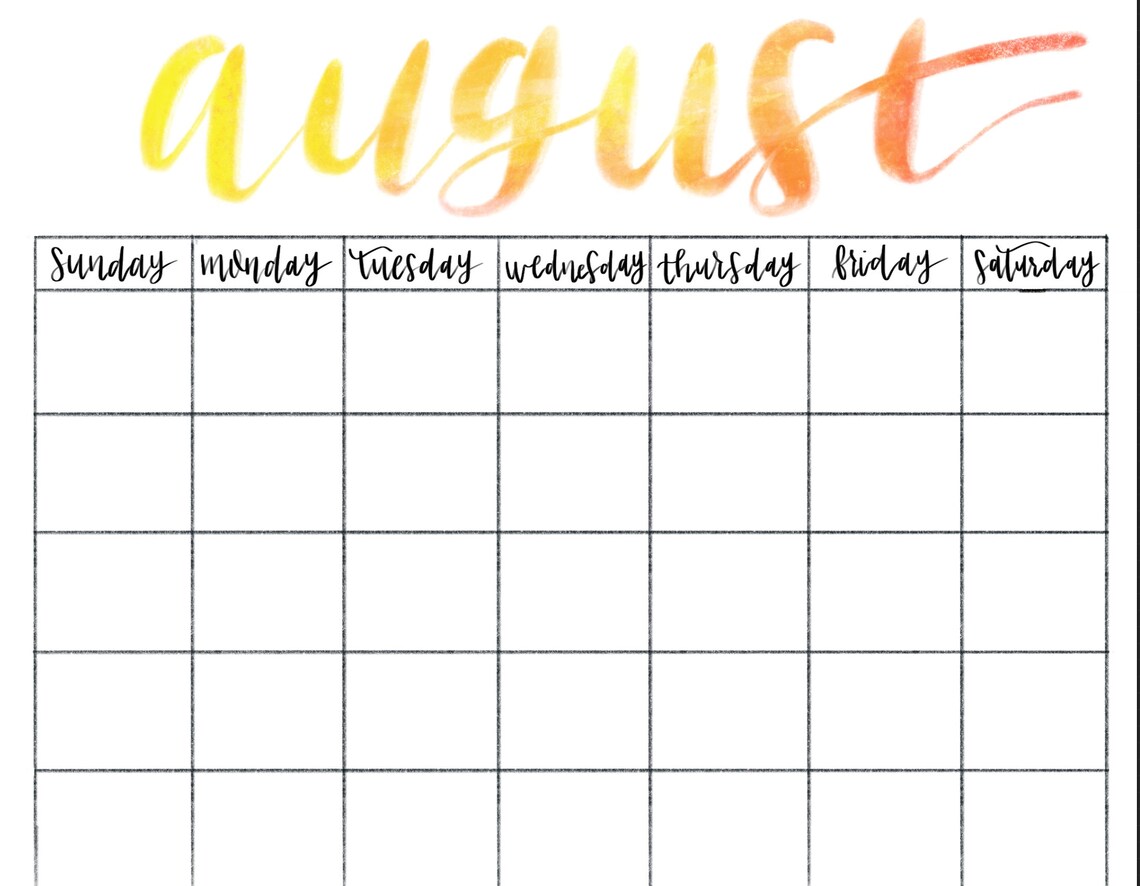 Blank August Monthly Template Etsy