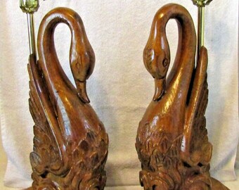 Vintage Bella Lighting Matched Pair of Hand Carved Wooden Swan Lamps 1988