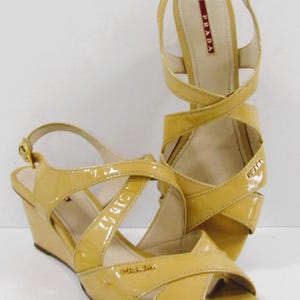 Authentic Prada Beige Patent Leather Heeled Wedge Size 42 US 11.5