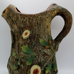 Antique German Joseph Holdcroft Majolica Oak Tree Bark Pitcher Lizzie Schanz