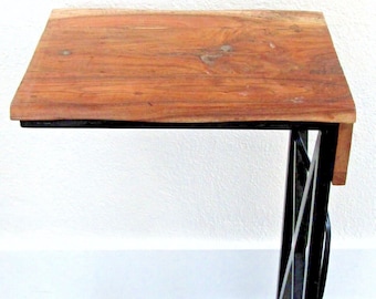 Live Edge Acacia Wood Side Table with Black Iron Frame Electrical USB Outlets