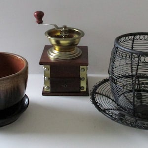 Set of Three Coffee Themed Decorative Items - Planter, Basket and Grinder