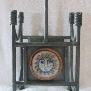 Artistic Bronze and Terra Cotta Suns Two Bottle Handled Table Wine Caddy Holder