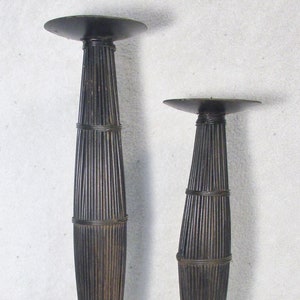 Pair of Tall Bronze Banded Wire Three Legged Candle Holders 15.5&quot; and 18.5&quot;