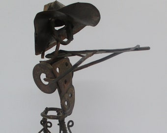 Vintage Mid-Century Modern Brutalist Metal Sculpture of Violinist Artist Tagged