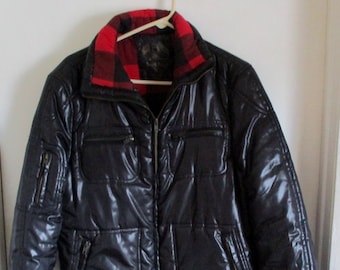Men's Seven Souls Black Quilted Puff Coat with Red Flannel Lining Size Medium