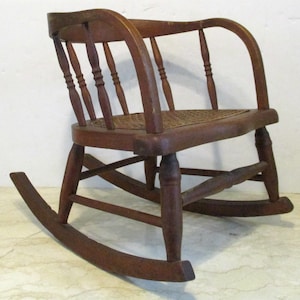 Antique Oak Curved Back Hand Woven Cane Seat Children&#39;s Rocking Chair