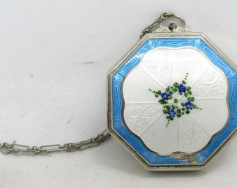 Antique E.A.M. Guilloche Enamel Ladies Mirrored Powder Compact