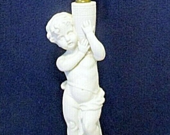 Antique White Bisque Porcelain Cherub on Column with Gilt Bronze Base Table Lamp