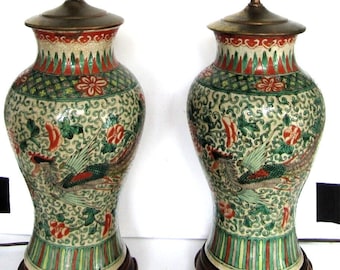 Antique Chinese Ming Dynasty Famille Verte Phoenix Vase Table Lamps - a Pair