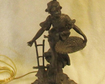 Art Nouveau Bronzed Metal 30&quot; Table Lamp Harvest Woman with Basket and Plow
