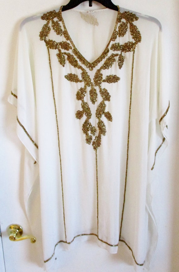 Vintage Indian Hand Beaded White Crepe Caftan Blou