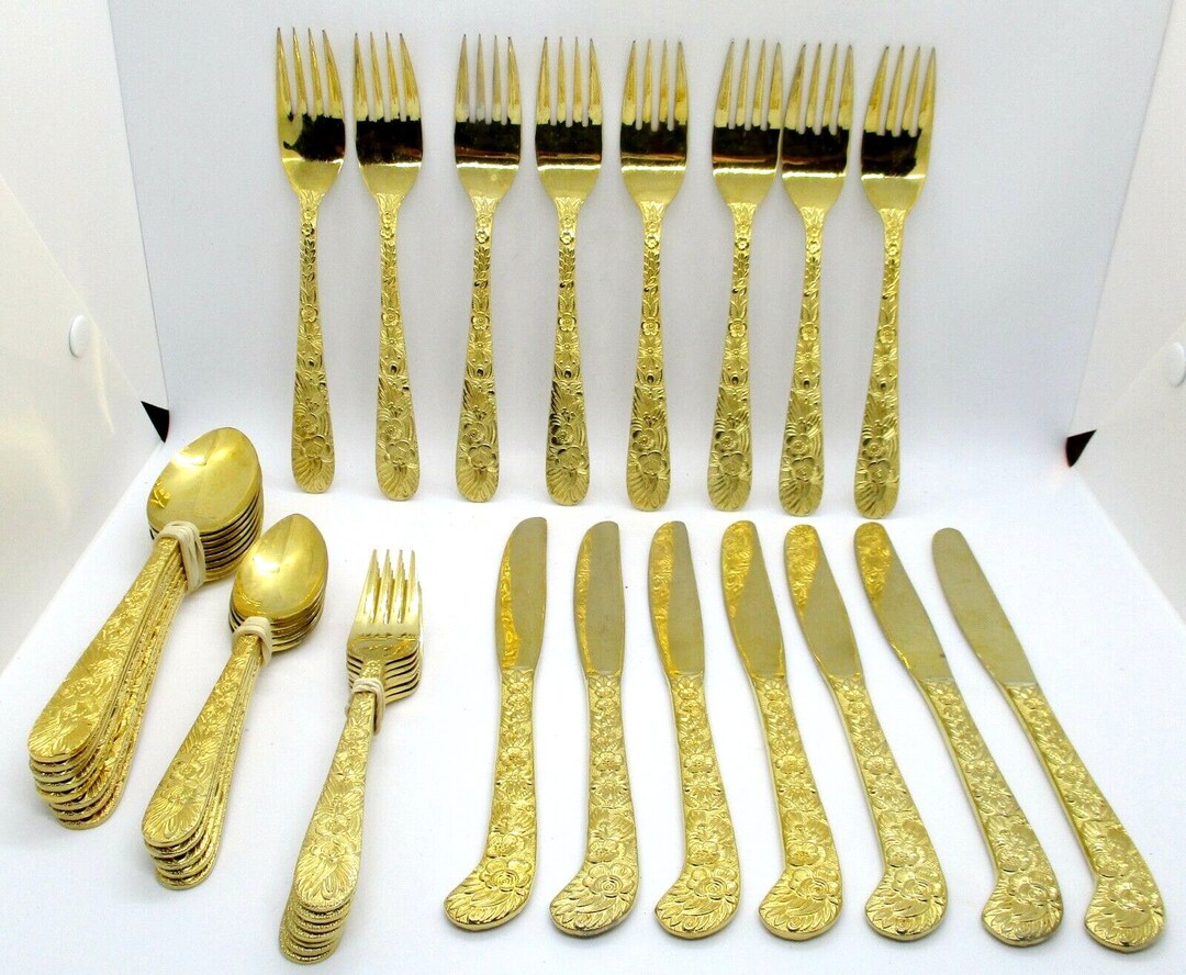 Golden Lifetime Cutlery Set of 35 Gold Embossed Flatware Etsy