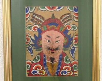 Antique 1800s Yao Taoist Paper Ceremonial Mask from Vietnam Matted and Framed