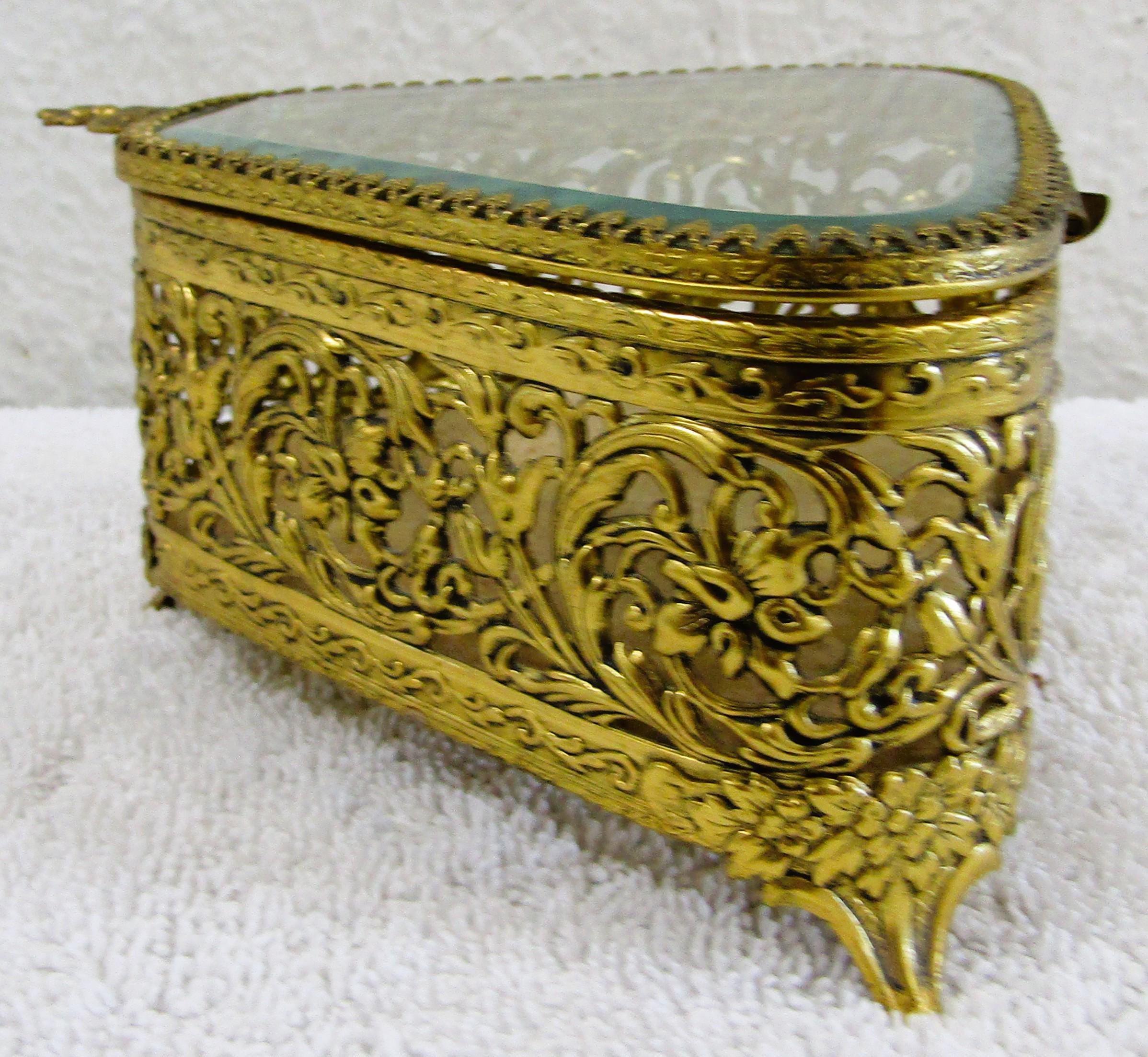Triangular Jewelry Box Antique Ormolu Triangle Jewelry Box Reticulated Gold Gilt and Beveled ...
