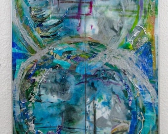 Artist Mark Adler Four-Panel Circular Abstract Acrylic Painting on Canvas Framed