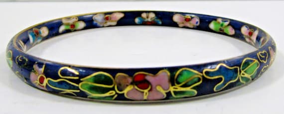 Vintage Asian Cloisonne Royal Blue Enamel Flowers Bangle Bracelet