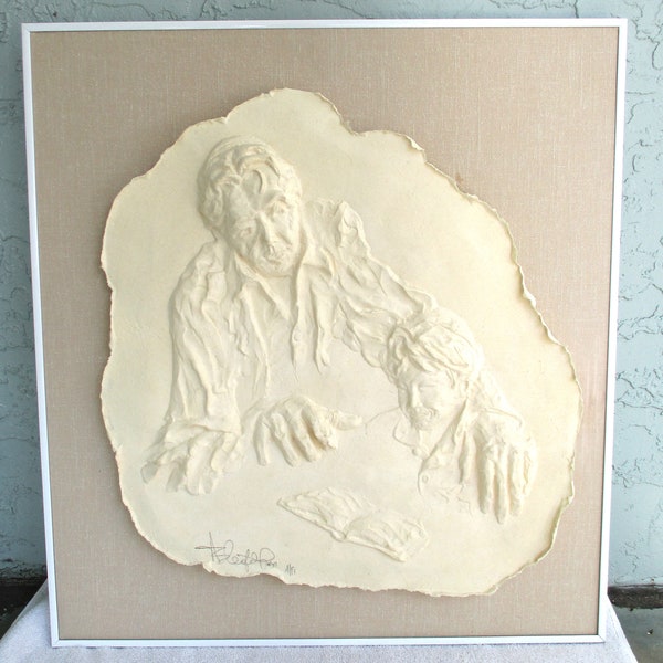 Leon Lee Bleifeld Molded Paper Sculptural Relief "Rabbi Teaching Torah to a Boy"