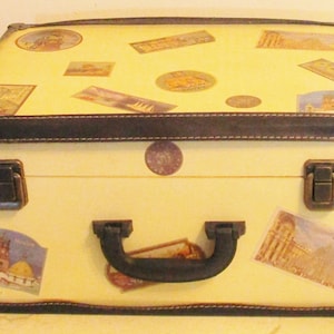 Small Pale Yellow Travel Trunk Decor Storage Multi Country Decals Leather Trim