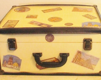 Small Pale Yellow Travel Trunk Decor Storage Multi Country Decals Leather Trim