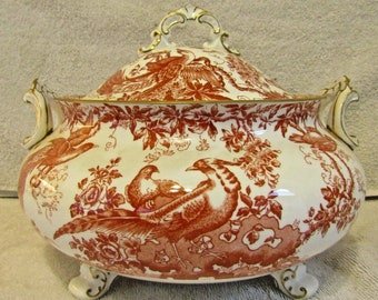 Antique 1937 Royal Crown Derby Red Aves Soup Tureen and 14” Round Platter