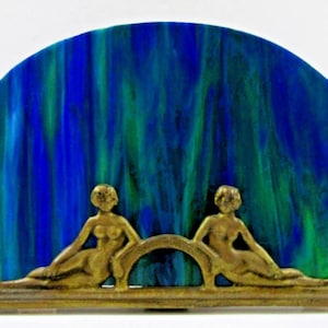 French Art Deco Figural Bronze Blue Slag Glass Table Lamp