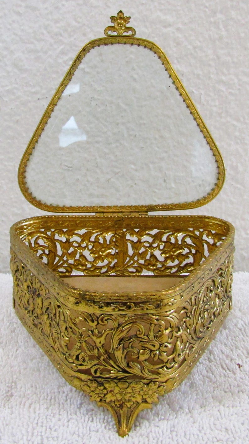 Triangular Jewelry Box Antique Ormolu Triangle Jewelry Box Reticulated Gold Gilt and Beveled ...