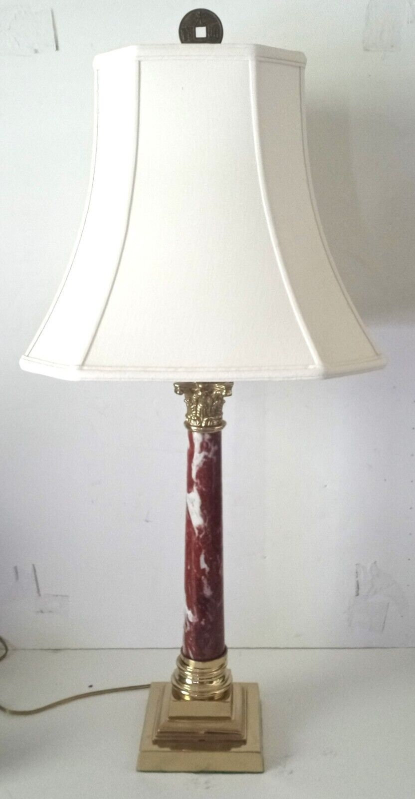 Ruby Red Globe Brass Pillar Table Lamp White Marble Base Vintage