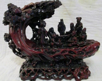 Chinese Deep Red Resin Statue of the Eight Immortals Gambling over Board Game