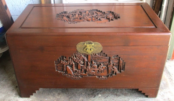 Rare George Zee Camphor Wood Chest Asian Carved Trunk Blanket Box