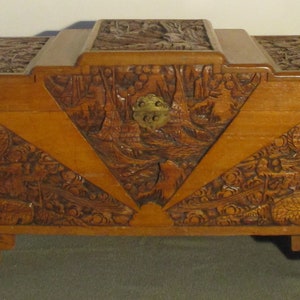 Antique Large Oriental Hand Carved Dragon Stepped Top Camphor Box