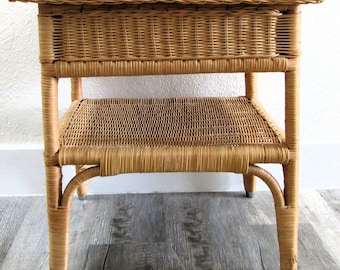 Vintage French Country Wicker End Table Side Table with Bottom Shelf