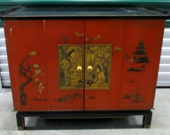 Vintage Asian Black and Red Lacquer 2-Tone Zenith TV Cabinet with Bifold Doors