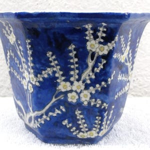 Japanese Neofinetia Orchid Pot Hand Painted Cherry Blossom Branches 4 1/4&quot; Tall