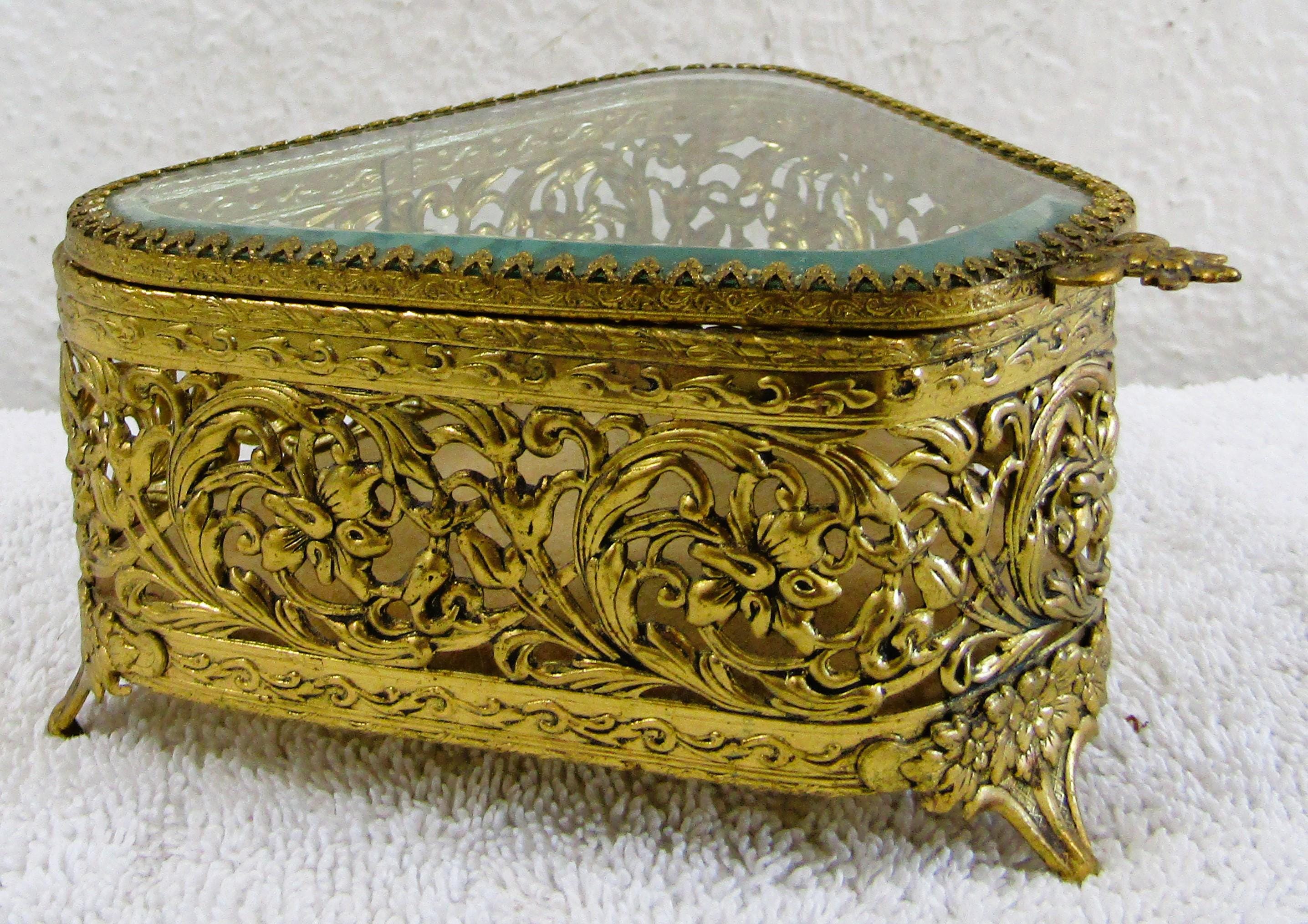 Triangular Jewelry Box Antique Ormolu Triangle Jewelry Box Reticulated Gold Gilt and Beveled ...