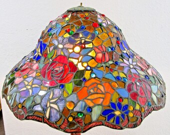 Vintage Tiffany Style 22" Stained Glass Roses Poppies Cabochons Bell Lampshade