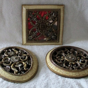 Set of Three Tessellated Framed Scroll Lattice Mirrors Wall Decor