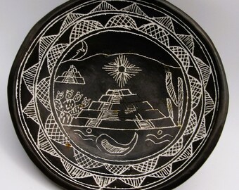 Diaguita Black and White Etched Three Footed Ceramic Bowl from Northern Chile